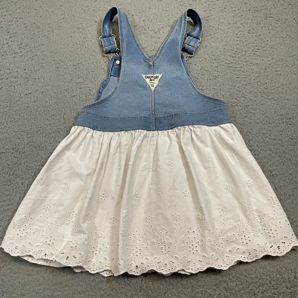 OshKosh B'gosh Overall Dress Kids 4T Blue White Good Eyelet Lace Denim Pinafore